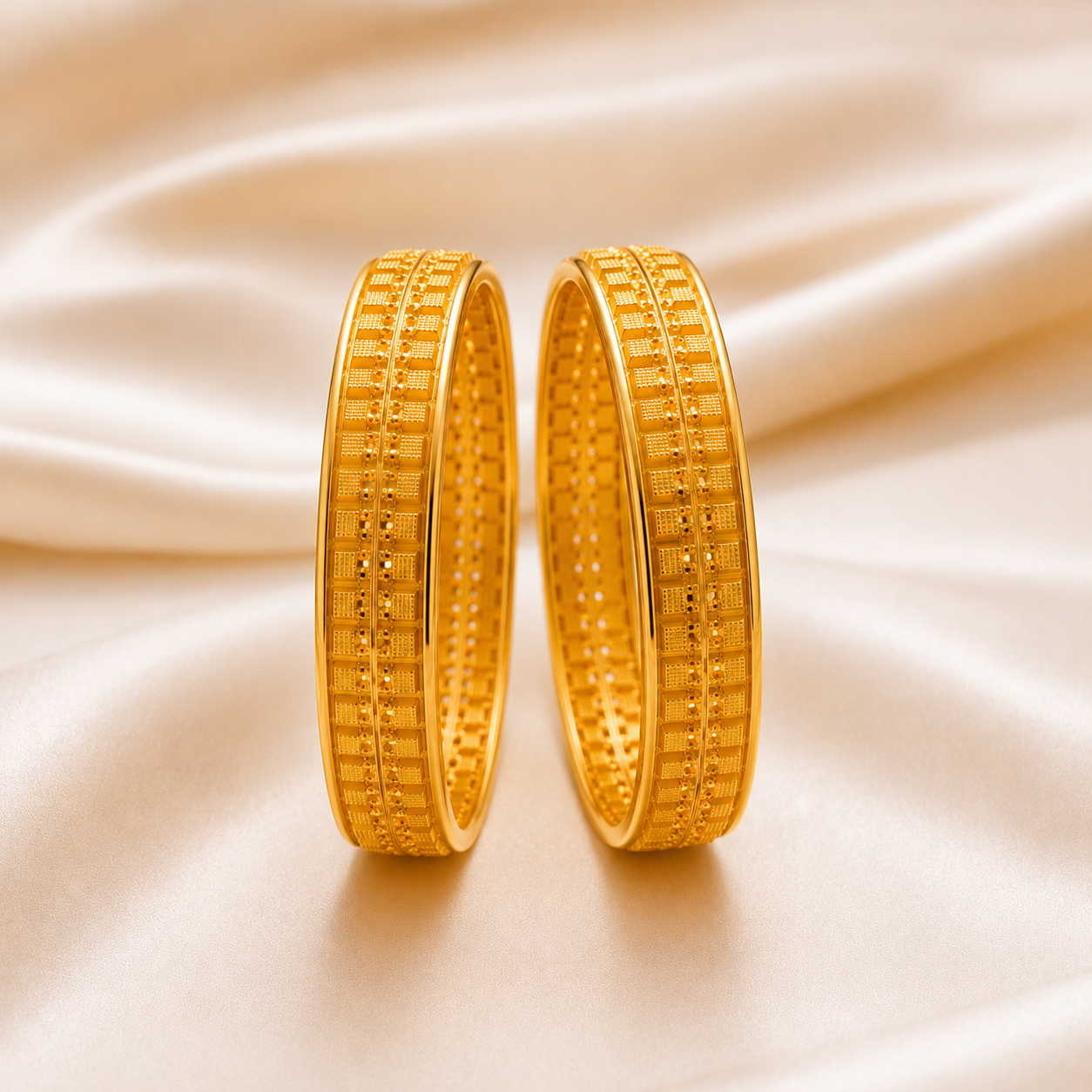 Elegant Geometric Pattern 18K Gold Bangles (Set of 2)