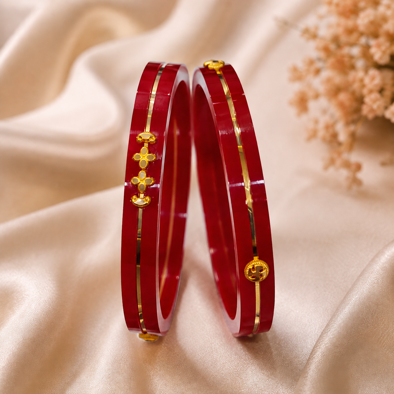 Traditional Red Pola 18K Gold Accent Bangles (Set of 2)