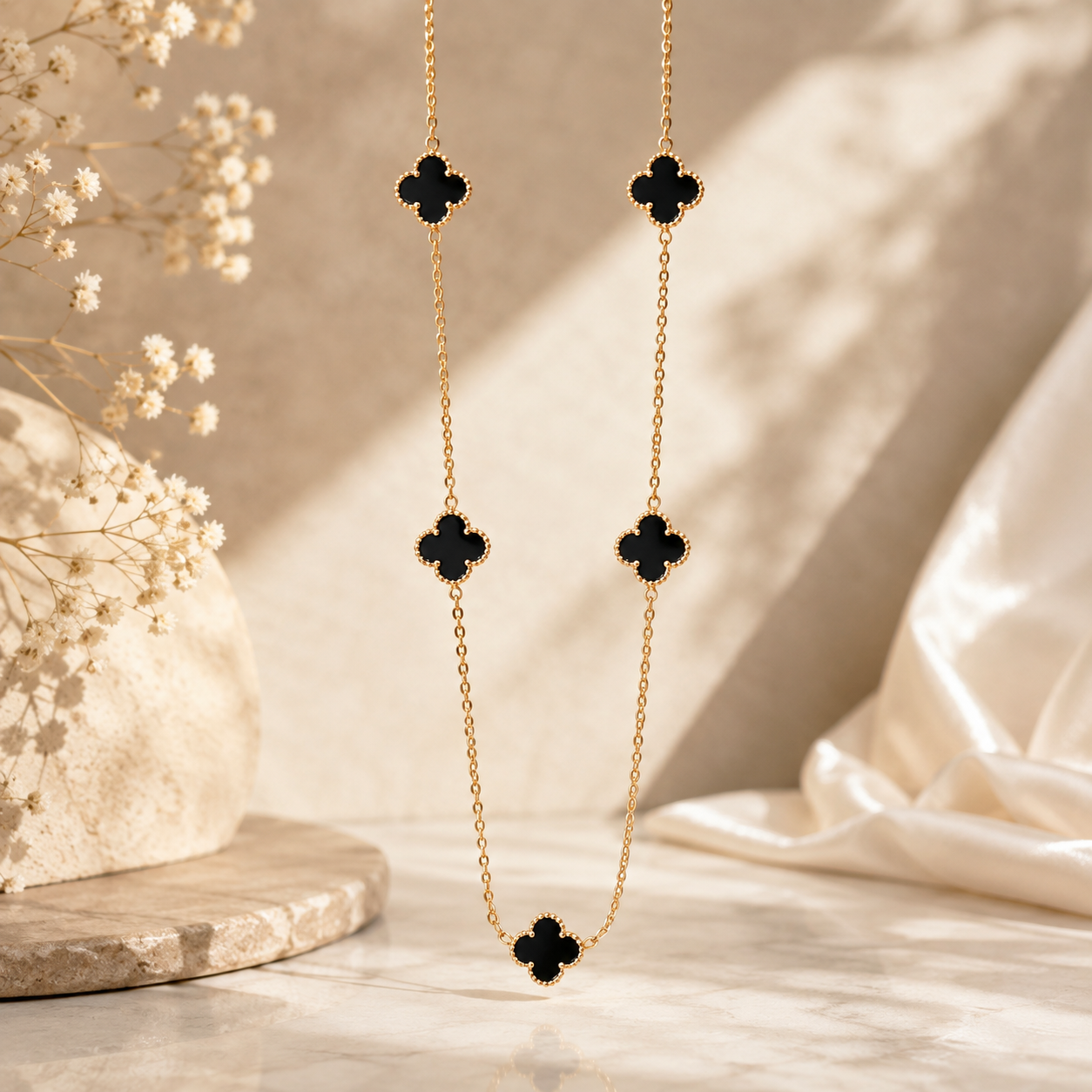 Elegant Black Clover 18K Gold Station Necklace